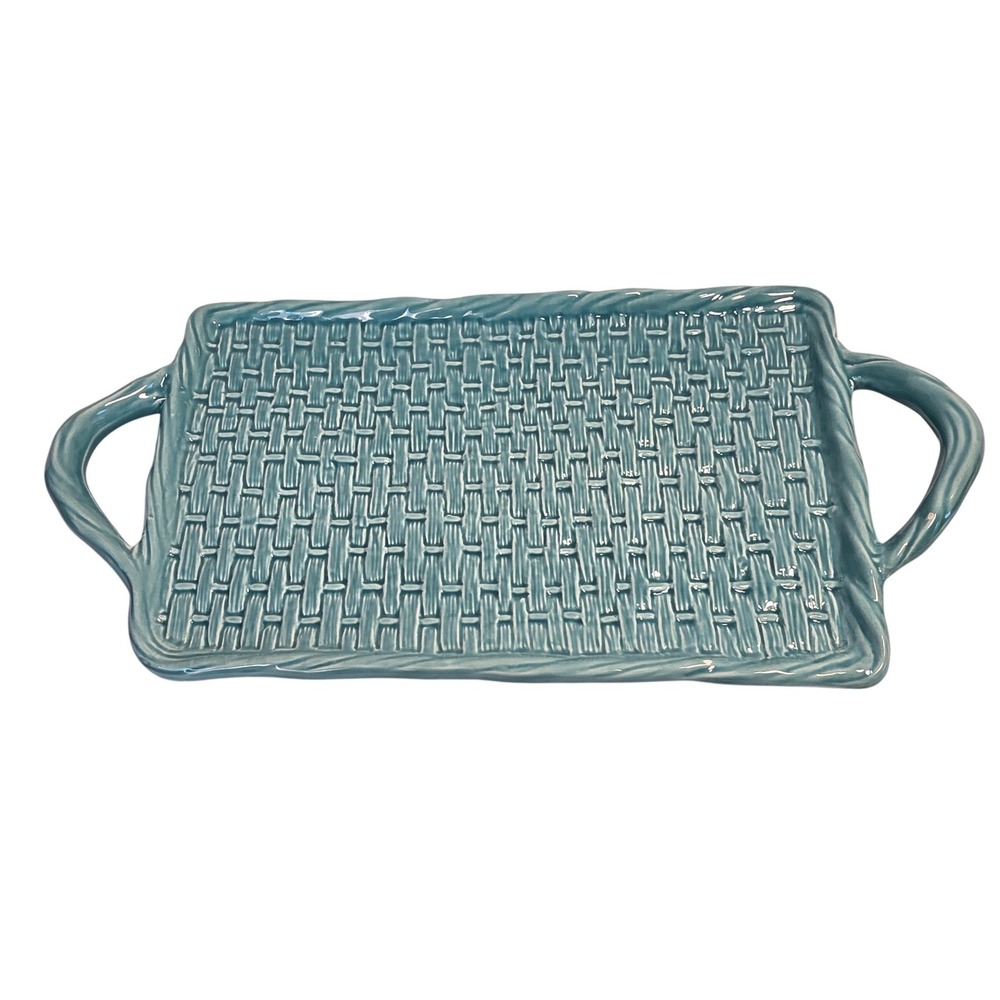 Majoliche Jessica Italy Ceramic Basketweave Serving Tray Teal Blue Rectangular